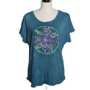 Handmade Batik Painted Tie Dye Seashell Hibiscus Blue Tropical T-Shirt Large